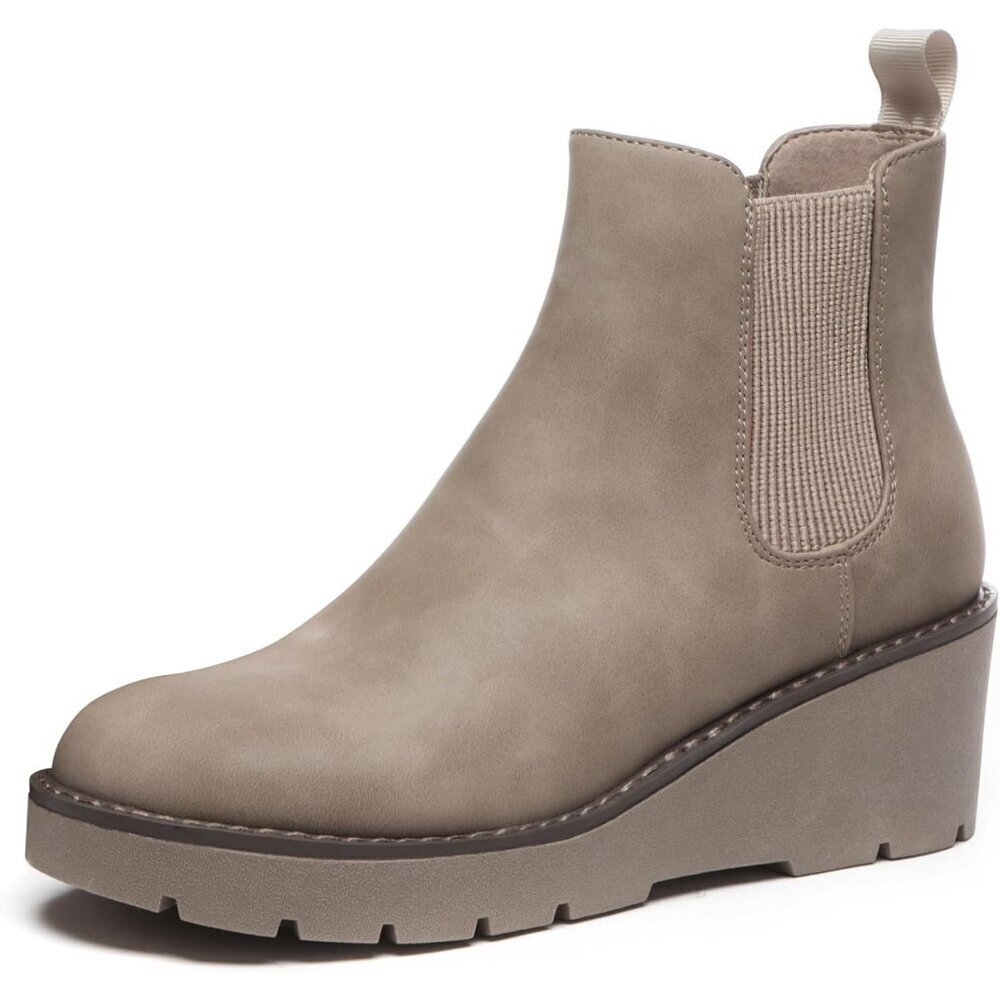 Athlefit Women Khaki Chelsea Wedge Platform Slip on Lug Sole Elastic Ankle Boot